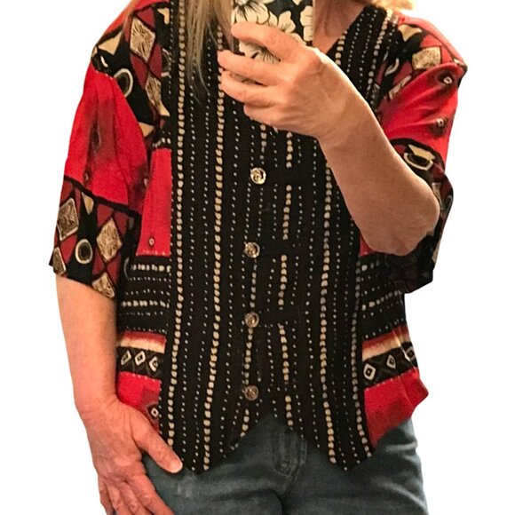 Stacey Michaels Bohemian Blouse: 80s Red Black Geometric Print Tunic, Size 20W - Picture 5 of 9